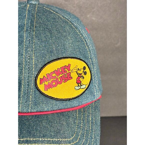 Disney Mickey Mouse Denim Hat Adjustable Cap Red Trim Vintage Style - Picture 2 of 6